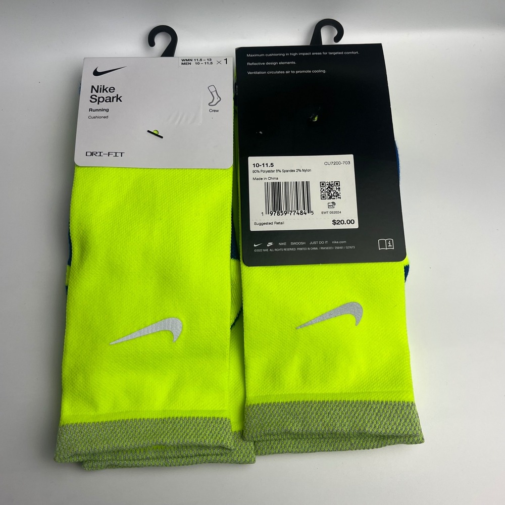 Lot of 2 Nike Spark Running Crew Socks Volt Green Reflective Cushioned M 10-11.5